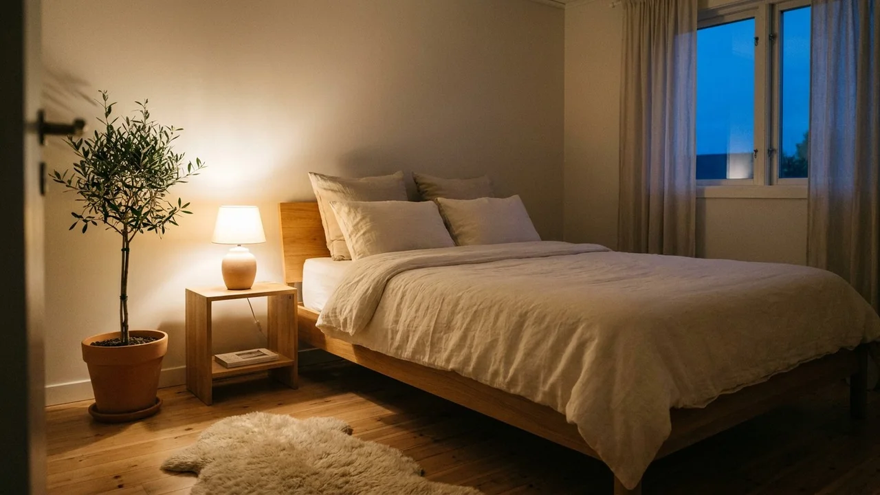Przytulna minimalistyczna sypialnia o zmierzchu, starannie zasłane łóżko z kremową lnianą kołdrą, miękkie ciepłe światło lampki nocnej, doniczka z rośliną na stoliku nocnym, spokojna wieczorna atmosfera