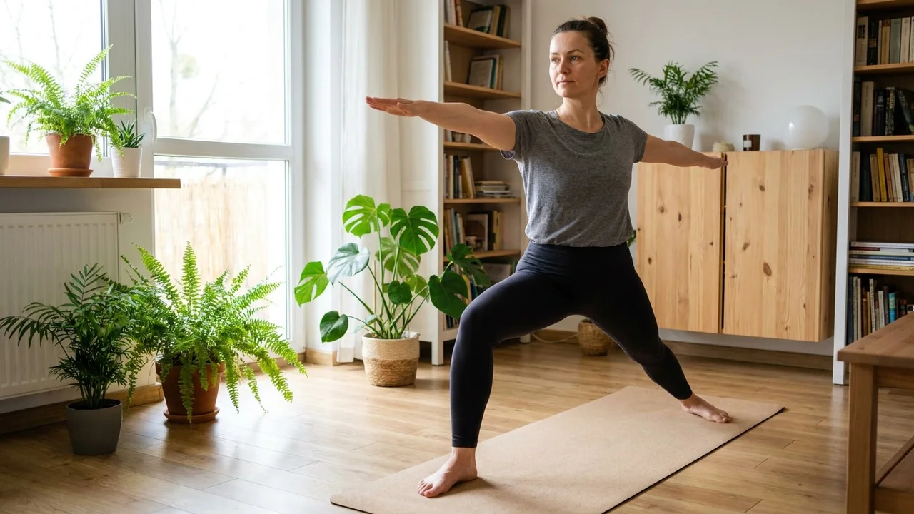 Kobieta ćwicząca pozycję wojownika Virabhadrasana na macie w jasnym przewiewnym salonie, poranne światło przez duże okno, wygodny strój sportowy, skupiony spokojny wyraz twarzy, rośliny w tle