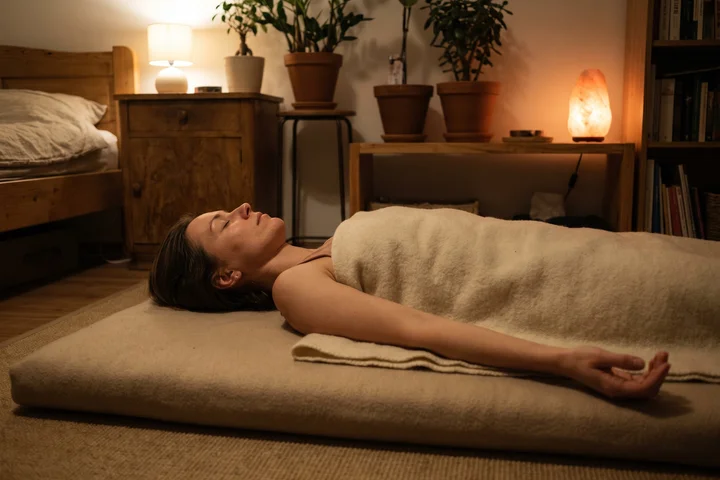 Kobieta leżąca w savasanie na macie z zamkniętymi oczami podczas sesji jogi nidry